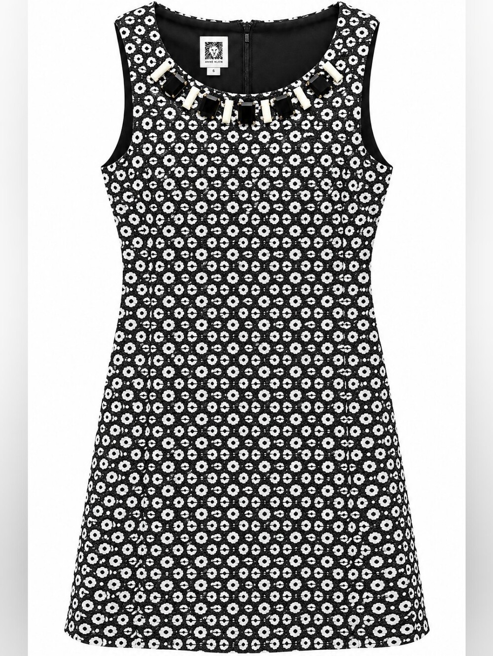 Anne Klein Black and White Floral Jacquard Midi Dress with Beaded Neckline